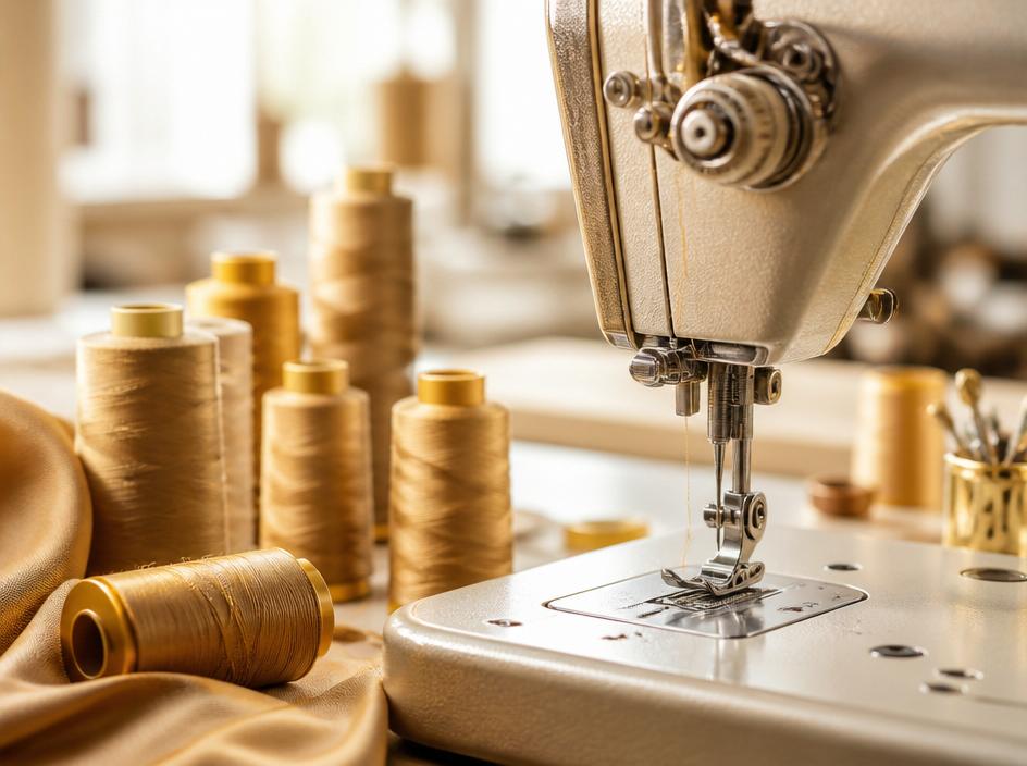 Máquina de costura e carretéis de linha em ateliê