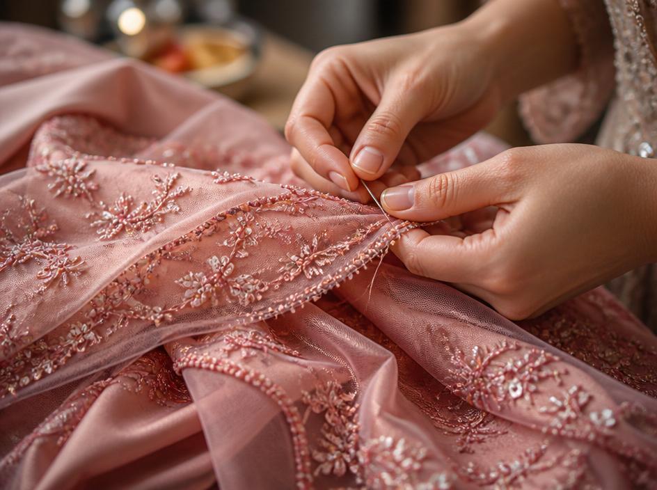 Detalhe de bordado manual em vestido de festa